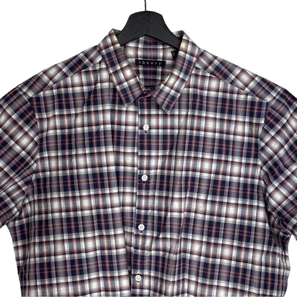 Theory Zack PS A Plaid Blue Button Front Short Sleeve Shirt XL Mens - Picture 3 of 11